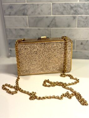 Charles & Keith Gold Glitter Box Clutch (with removable gold link chain)